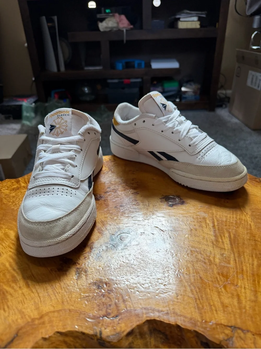 Reebok Men’s White Leather Sneakers with Navy & Yellow Accents